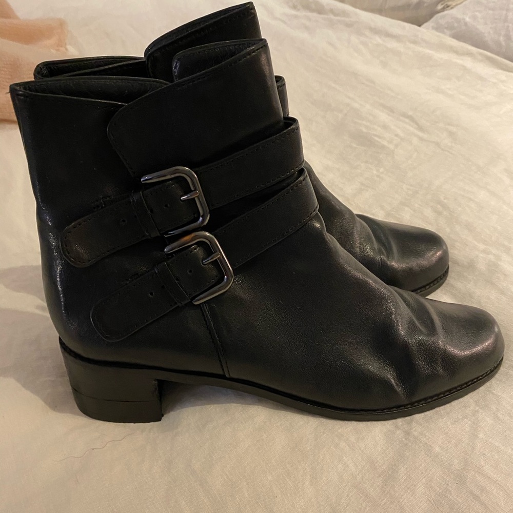 Frye black leather buckle booties